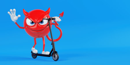 Risky Urban Mobility And Temptation Concept. Red Devil Cartoon Character Riding Electric Scooter...