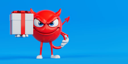 Mischief And Temptation Concept. Red Evil Cartoon Character Holding Gift Box On Blue Background. 3d...