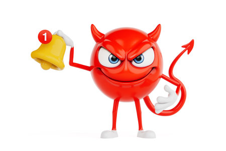Notification And Alert Concept. Red Devil Cartoon Character Holding Yellow Bell With One New...