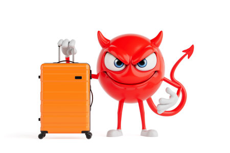 Travel And Vacation Temptation Concept. Red Devil Cartoon Character Standing With Orange Suitcase Suggesting Adventure And Tourism On White Background. 3d Renderingの写真素材
