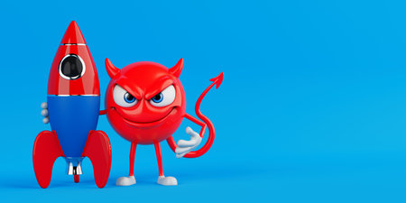 Ambitious Launch Concept. Red Evil Cartoon Character Standing Next To Colorful Rocket On Blue...