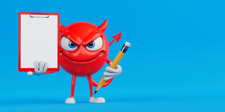 Planning And Control Concept. Red Cartoon Character Holding Clipboard And Pencil On Blue Background. 3d Renderingの写真素材