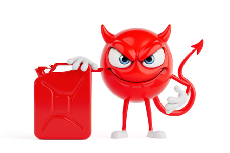 Fuel Temptation And Dangerous Choice Concept. Red Devil Cartoon Character Standing With Gasoline...