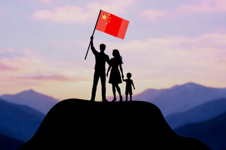 National Pride And Family Unity Concept. Silhouette Family Standing On Hill Holding China Flag Against Sunset Sky Extreme Closeup. 3d Renderingの写真素材