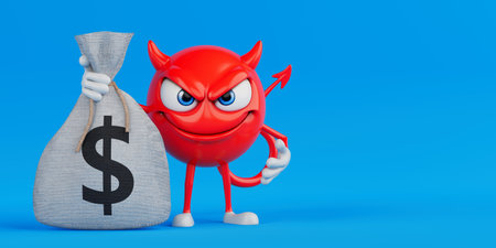 Money Greed And Corruption Concept. Red Devil Cartoon Character Holding Dollar Bag On Blue...
