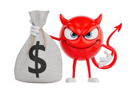 Money Greed And Corruption Concept. Red Devil Cartoon Character Holding Dollar Bag On White...