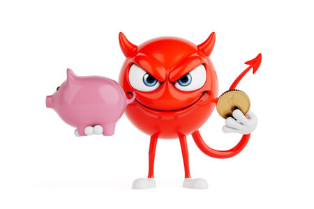 Saving Money And Finance Concept. Red Devil Cartoon Character Holding Piggy Bank And Coin On White...
