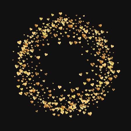 Gold gradient hearts confetti. Circle frame on black valentine background. Vector illustration.のイラスト素材
