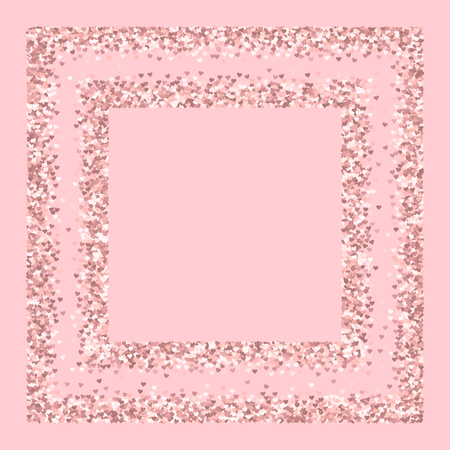 Pink golden glitter made of hearts. Square chaotic frame on pale_pink valentine background. Vector illustration.のイラスト素材