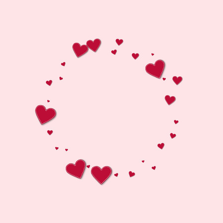 Red stitched paper hearts. Small round shape on light pink background. Vector illustration.のイラスト素材