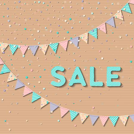 Bunting garland. Enchanting celebration card with colorful paper bunting garland and confetti. Party background with bright decorations. Vector illustration.のイラスト素材