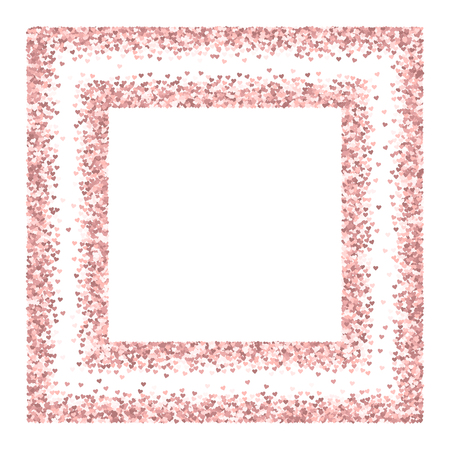 Pink golden glitter made of hearts. Square chaotic frame on white valentine background. Vector illustration.のイラスト素材