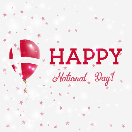 Denmark National Day patriotic poster. Flying Rubber Balloon in Colors of the Danish Flag. Denmark National Day background with Balloon, Confetti, Stars, Bokeh and Sparkles.のイラスト素材
