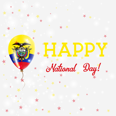 Ecuador National Day patriotic poster. Flying Rubber Balloon in Colors of the Ecuadorean Flag. Ecuador National Day background with Balloon, Confetti, Stars, Bokeh and Sparkles.のイラスト素材
