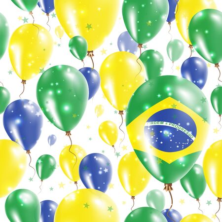 Brazil Independence Day Seamless Pattern. Flying Rubber Balloons in Colors of the Brazilian Flag. Happy Brazil Day Patriotic Card with Balloons, Stars and Sparkles.のイラスト素材