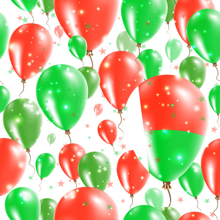 Madagascar Independence Day Seamless Pattern. Flying Rubber Balloons in Colors of the Malagasy Flag. Happy Madagascar Day Patriotic Card with Balloons, Stars and Sparkles.のイラスト素材