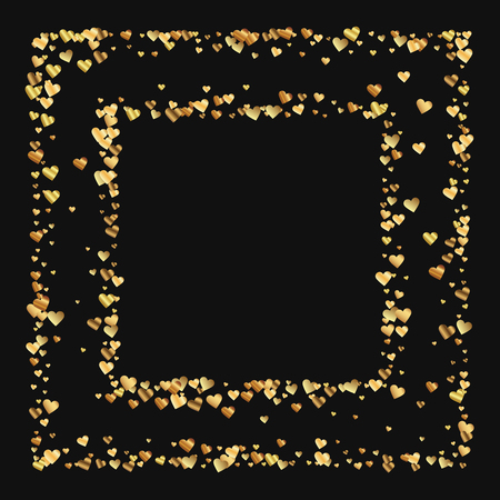 Gold gradient hearts confetti. Square chaotic frame on black valentine background. Vector illustration.のイラスト素材