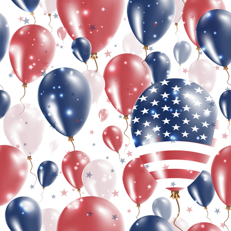USA Independence Day Seamless Pattern. Flying Rubber Balloons in Colors of the American Flag. Happy USA Day Patriotic Card with Balloons, Stars and Sparkles.のイラスト素材