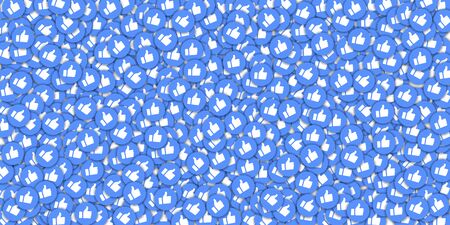 Social media icons in abstract shape background with scattered thumbs up. Concept in ravishing...