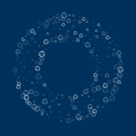 Soap bubbles. Round bagel frame with soap bubbles on deep blue background. Vector illustration.のイラスト素材