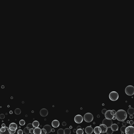 Random soap bubbles. Abstract bottom with random soap bubbles on black background. Vector illustration.のイラスト素材