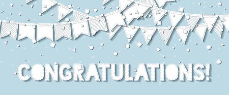 Party flags. Amazing celebration card with white stitched cutout paper party flags and confetti on blue background. Party background with paper decorations. Vector illustration.のイラスト素材