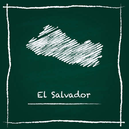 El Salvador outline vector map hand drawn with chalk on a green blackboard. Chalkboard scribble in childish style. White chalk texture on green background.のイラスト素材