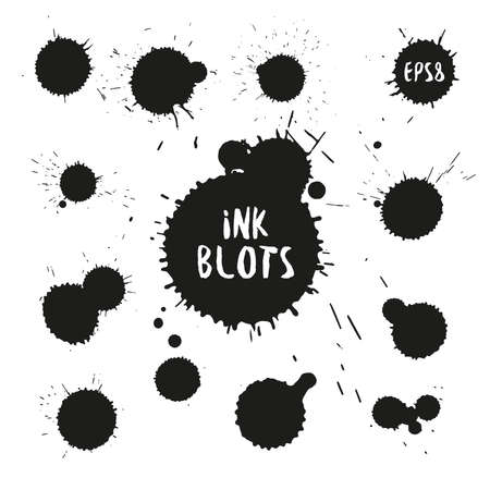 Collection of ink spatter blots, hand made with black indian ink. Black expressive blots vector illustration.のイラスト素材