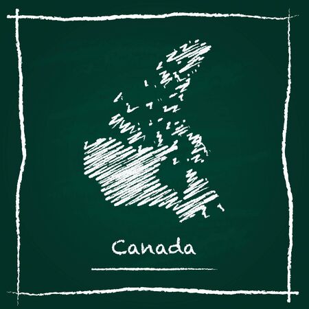 Canada outline vector map hand drawn with chalk on a green blackboard. Chalkboard scribble in childish style. White chalk texture on green background.のイラスト素材