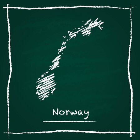 Norway outline vector map hand drawn with chalk on a green blackboard. Chalkboard scribble in childish style. White chalk texture on green background.のイラスト素材
