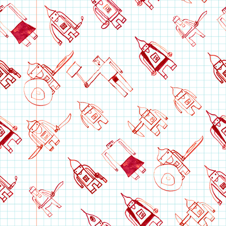 Hero seamless pattern. Adorable child's drawing with school pen. Cute hero hand drawn with red ink on math paper background. Boy hero seamless pattern for textile or wrapping paper.のイラスト素材