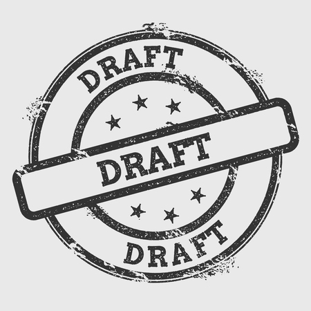 Draft rubber stamp isolated on white background. Grunge round seal with text, ink texture and splatter and blots, vector illustration.のイラスト素材