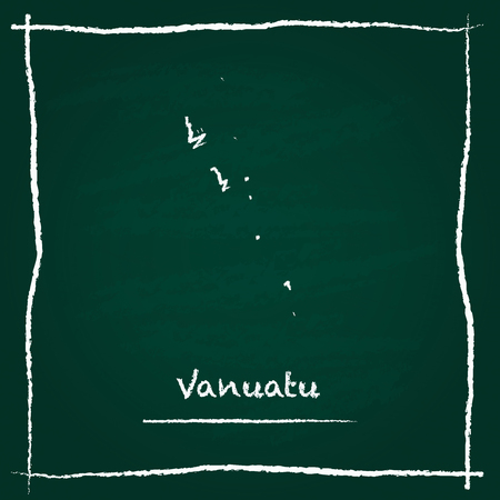 Vanuatu outline vector map hand drawn with chalk on a green blackboard. Chalkboard scribble in childish style. White chalk texture on green background.のイラスト素材
