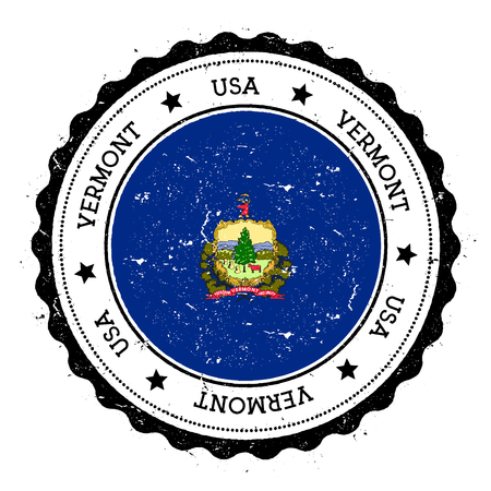 Vermont flag badge. Grunge rubber stamp with Vermont flag. Vintage travel stamp with circular text, stars and USA state flag inside it. Vector illustration.のイラスト素材