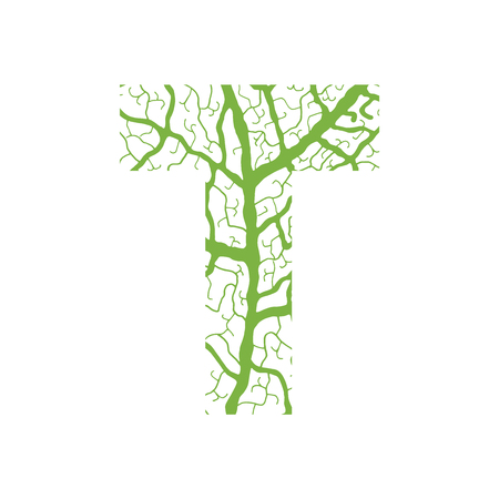 Nature alphabet, ecology decorative font. Capital letter T filled with leaf veins pattern green background. Leaves texture hand draw nature alphabet. Vector illustration.のイラスト素材