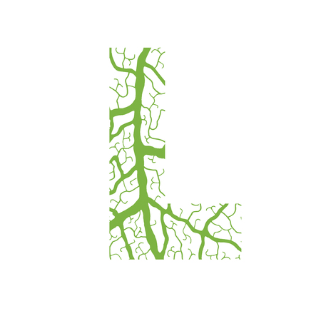 Nature alphabet, ecology decorative font. Capital letter L filled with leaf veins pattern green background. Leaves texture hand draw nature alphabet. Vector illustration.のイラスト素材