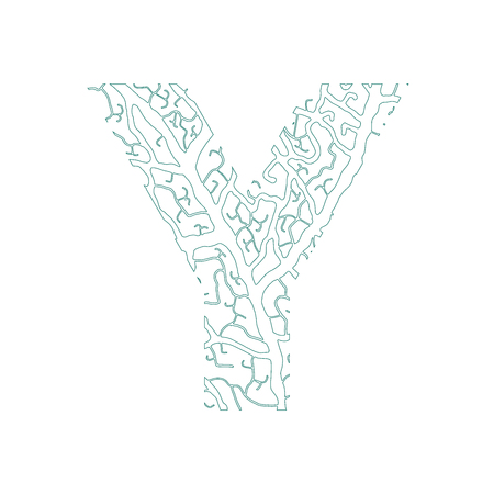 Nature alphabet, ecology decorative font. Capital letter Y filled with leaf veins pattern green outline background. Leaves texture hand draw nature alphabet. Vector illustration.のイラスト素材