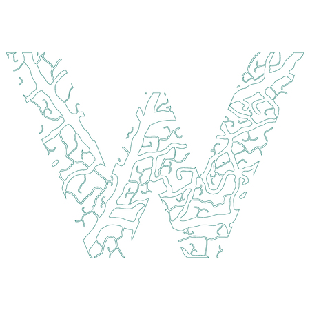 Nature alphabet, ecology decorative font. Capital letter V filled with leaf veins pattern green outline background. Leaves texture hand draw nature alphabet. Vector illustration.のイラスト素材