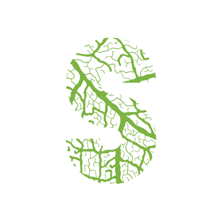 Nature alphabet, ecology decorative font. Capital letter S filled with leaf veins pattern green background. Leaves texture hand draw nature alphabet. Vector illustration.のイラスト素材