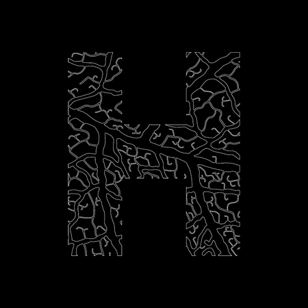 Nature alphabet, ecology decorative font. Capital letter H filled with leaf veins pattern white on black outline background. Leaves texture hand draw nature alphabet. Vector illustration.のイラスト素材