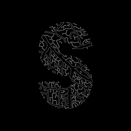 Nature alphabet, ecology decorative font. Capital letter S filled with leaf veins pattern white on black outline background Leaves texture hand draw nature alphabet Vector illustration.のイラスト素材