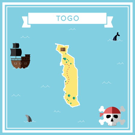 Flat treasure map of Togo. Colorful cartoon with icons of ship, jolly roger, treasure chest and banner ribbon in flat design vector illustration.のイラスト素材