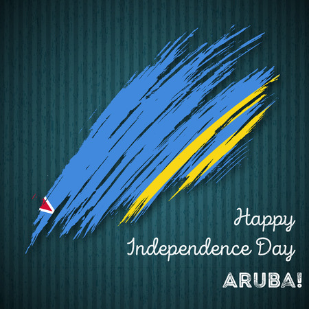 Aruba Independence Day Patriotic Design. Expressive Brush Stroke in National Flag Colors on dark striped background. Happy Independence Day Aruba Vector Greeting Card.のイラスト素材