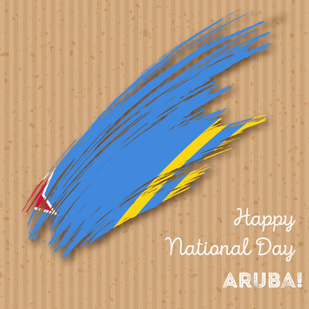 Aruba Independence Day Patriotic Design. Expressive Brush Stroke in National Flag Colors on kraft paper background. Happy Independence Day Aruba Vector Greeting Card.のイラスト素材