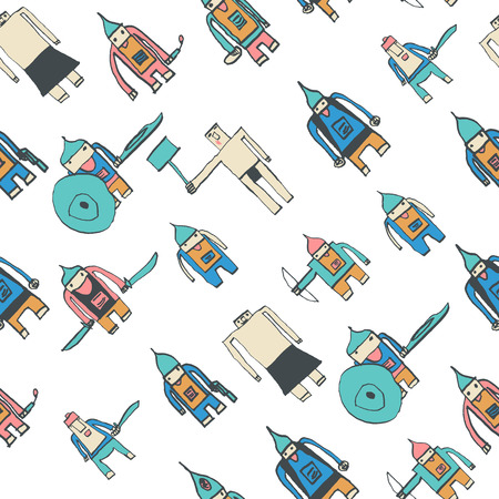 Hero seamless pattern. Brilliant child's drawing with school pen. Cute hero hand drawn with colorful on white background. Boy hero seamless pattern for textile or wrapping paper.のイラスト素材