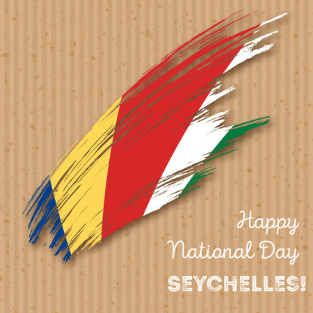 Seychelles Independence Day Patriotic Design. Expressive Brush Stroke in National Flag Colors on kraft paper background. Happy Independence Day Seychelles Vector Greeting Card.のイラスト素材
