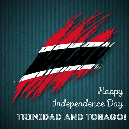 Trinidad and Tobago Independence Day Patriotic Design. Expressive Brush Stroke in National Flag Colors on dark striped background. Happy Independence Day Trinidad and Tobago Vector Greeting Card.のイラスト素材