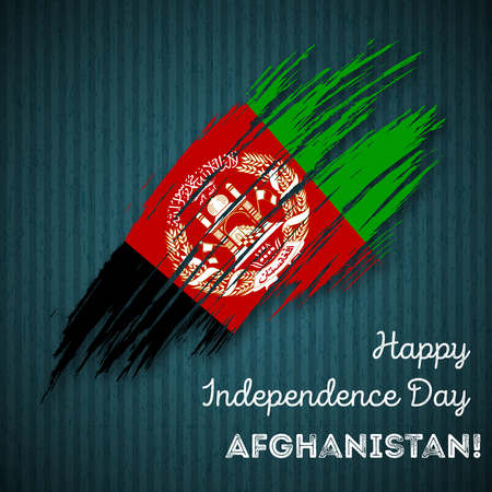 Afghanistan Independence Day Patriotic Design. Expressive Brush Stroke in National Flag Colors on dark striped background. Happy Independence Day Afghanistan Vector Greeting Card.のイラスト素材