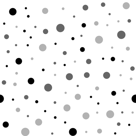 Black polka dots seamless pattern on white background. Amazing classic black polka dots textile pattern in restrained colours. Seamless scattered confetti fall chaotic decor. Vector illustration.のイラスト素材