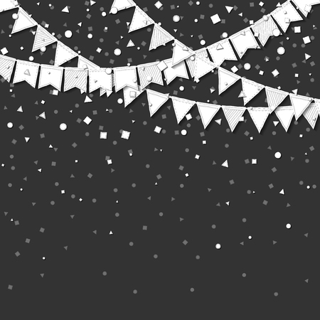 Bunting party. Gorgeous celebration card with white stitched cutout paper bunting party and confetti on dark background. Party background with paper decorations. Vector illustration.のイラスト素材